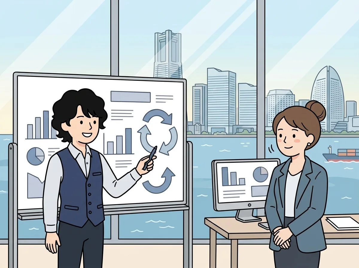 循環する矢印のアイコンが浮かぶボードを前にお客様が納得した表情を見せている様子を表すイラスト