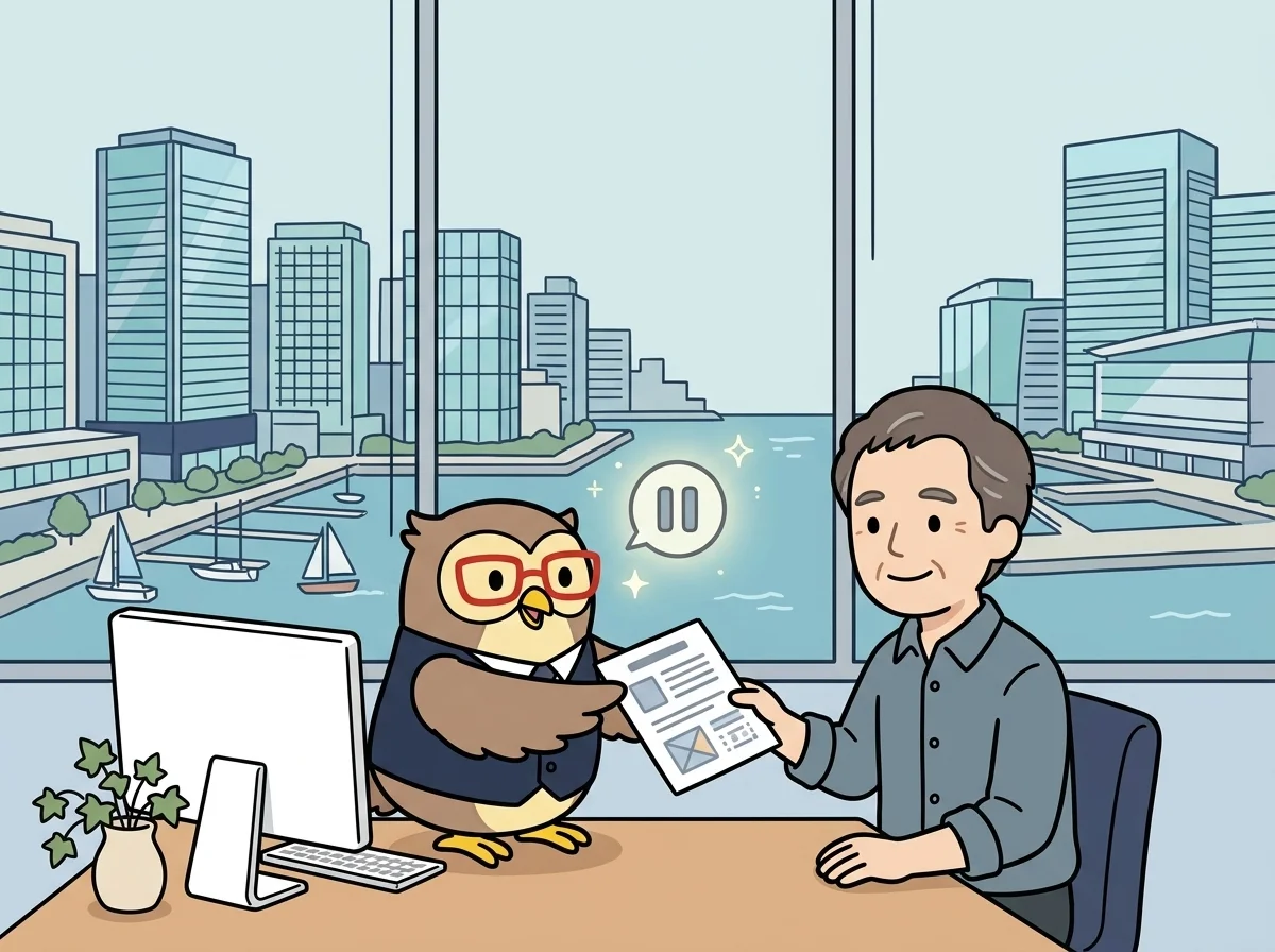 評価レポートを受け取ったお客様が肩の力が抜けた穏やかな表情を見せている様子を表すイラスト