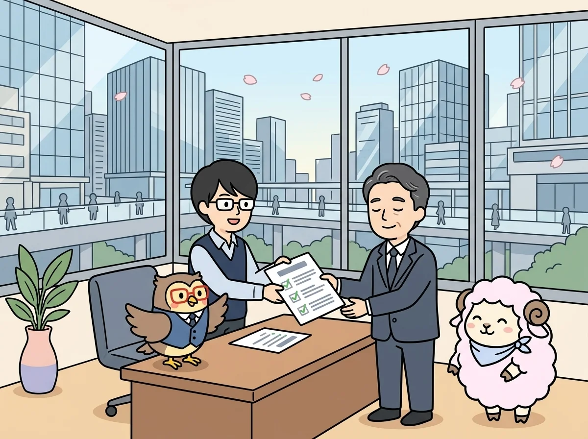 チェックマークと優先順位のリストが書かれた書類をお客様が安心した表情で受け取っている様子を表すイラスト