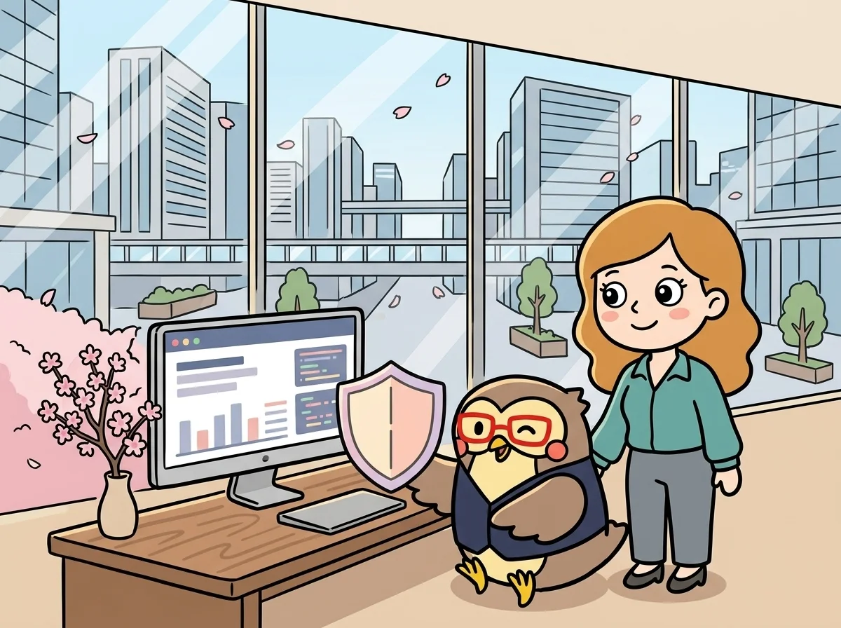 盾のアイコンを前にお客様が安心した表情でモニターを見ている様子を表すイラスト