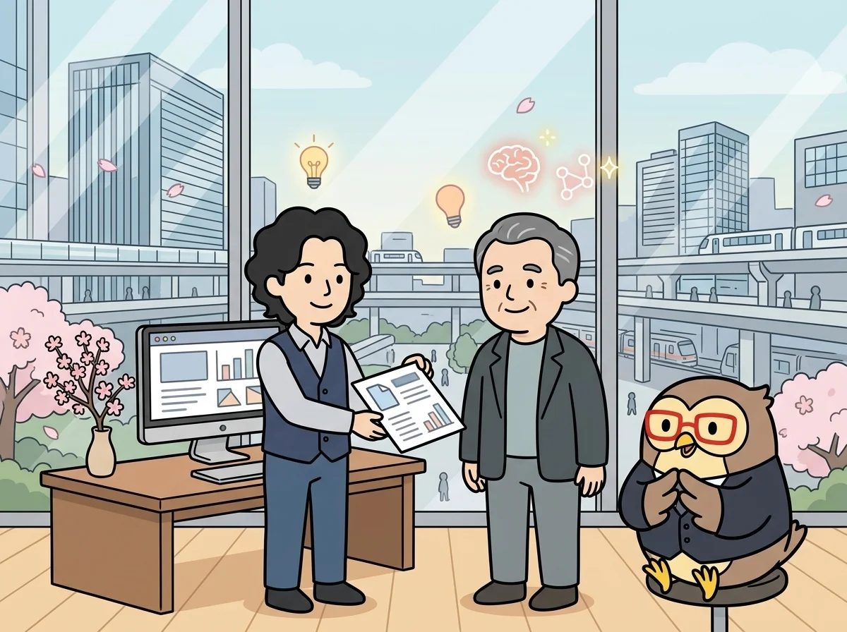 開いたドキュメントの書類をお客様が納得した表情で受け取っている様子を表すイラスト