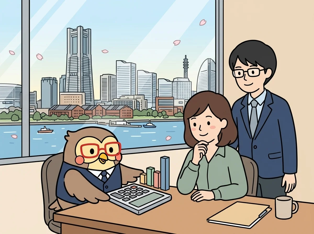 電卓と棒グラフのアイコンを見せ、お客様が納得した表情でうなずいている様子を表すイラスト