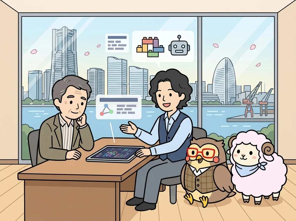 ロボットのアイコンと組み上がっていくブロックを見せながら説明し、お客様が期待に満ちた表情を見せている様子を表すイラスト