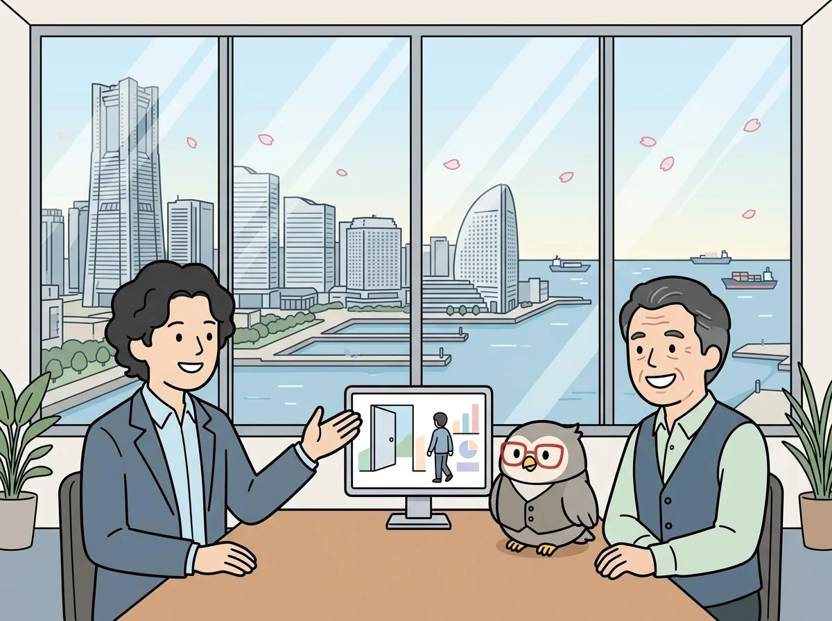 ドアと歩いていく後ろ姿のアイコンを指し示し、お客様が自信を持った晴れやかな表情を見せている様子を表すイラスト
