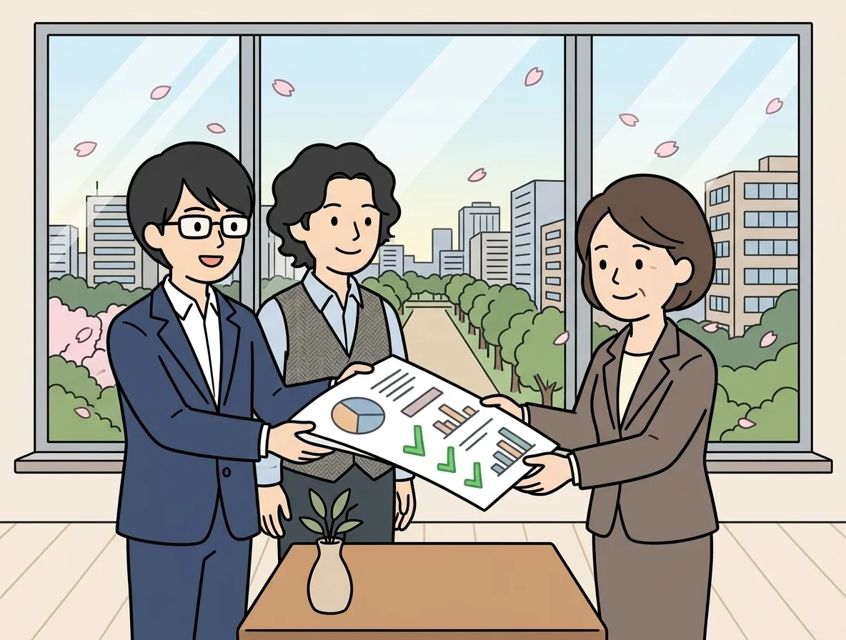 グラフとチェックマークが並ぶ報告書をお客様に手渡し、お客様が安心した表情で受け取っている様子を表すイラスト