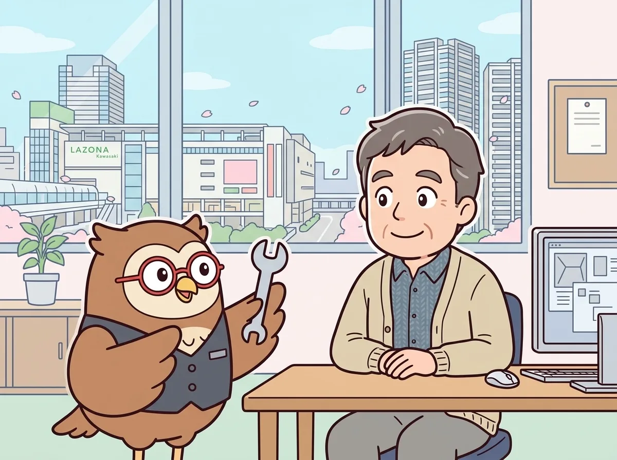 工具アイコンを持つ担当者と、安心した笑顔を見せるお客様の様子を表すイラスト