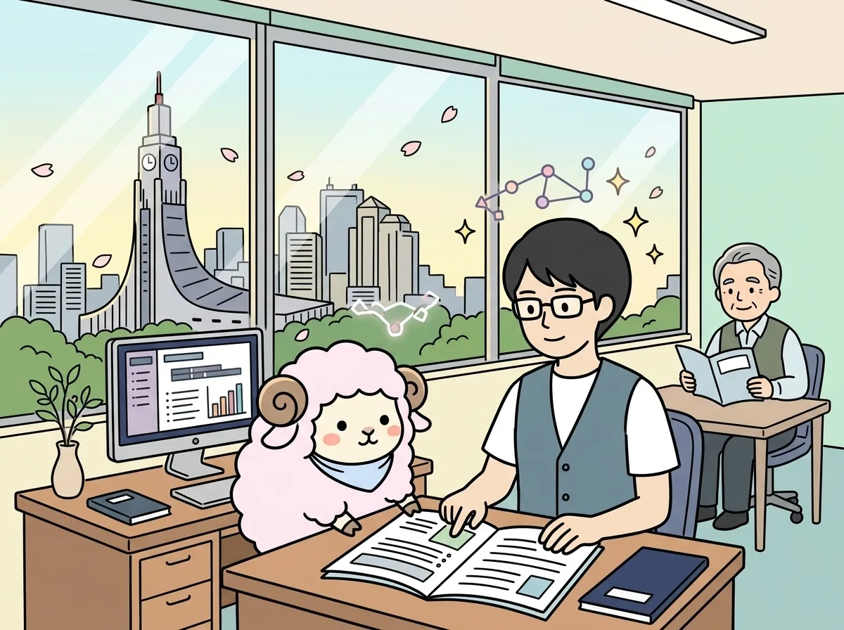 中小企業のChatGPT業務利用ルール整備6ステップ｜AI事業者ガイドラインv1.2対応のイメージイラスト：2026年3月公表のAI事業者ガイドライン第1.2版で、ChatGPTやCopilotを業務利用する中小企業も「AI利用者」として対応が求められます。入力禁止情報・シャドーAI対策など、A4一枚から始める社内ガイドライン整備の6ステップを、最新の公的情報をもとに解説します。