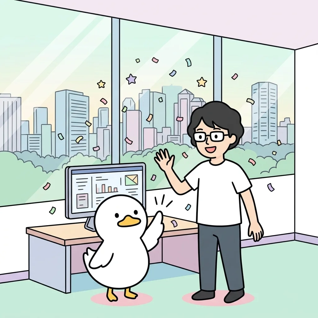 ぜっとりくんとハイタッチして小さな成功を喜び合う様子のイラスト