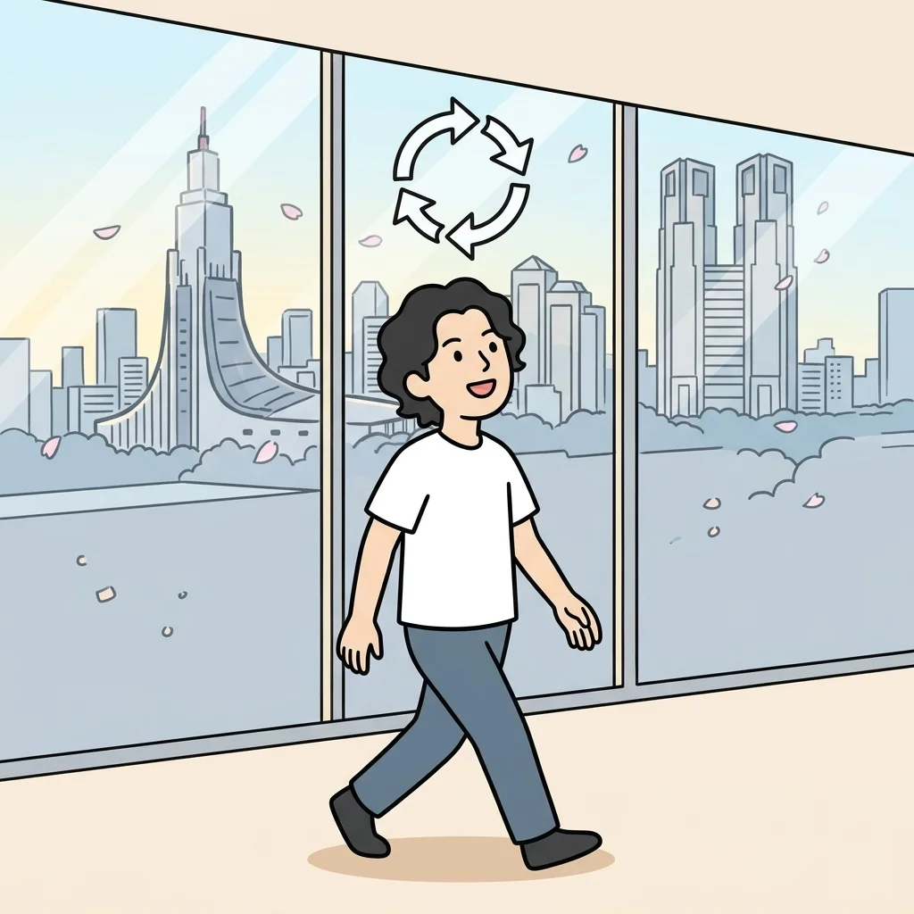循環する矢印とともに前を向いて歩き出す様子のイラスト