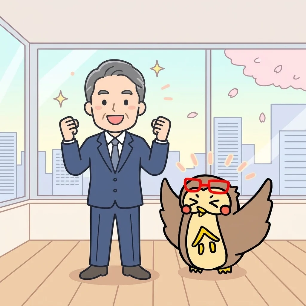 お客様とフクロウが笑顔でガッツポーズをしている様子のイラスト