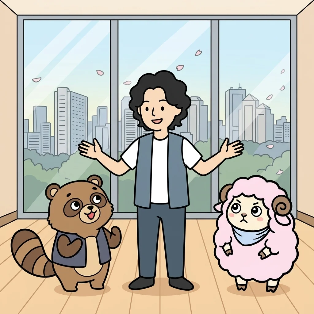 たぬきくんとひつじを鼓舞している様子のイラスト