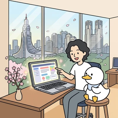 試作画面のモックを見せて説明する様子のイラスト