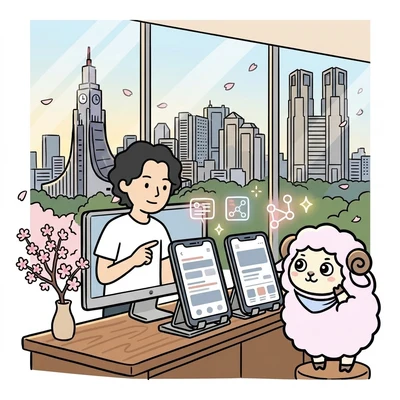iOSとAndroidの両方で動作するアプリを効率的に開発する様子のイラスト