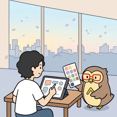 ブランドイメージに合わせたUIデザインを作成する様子のイラスト