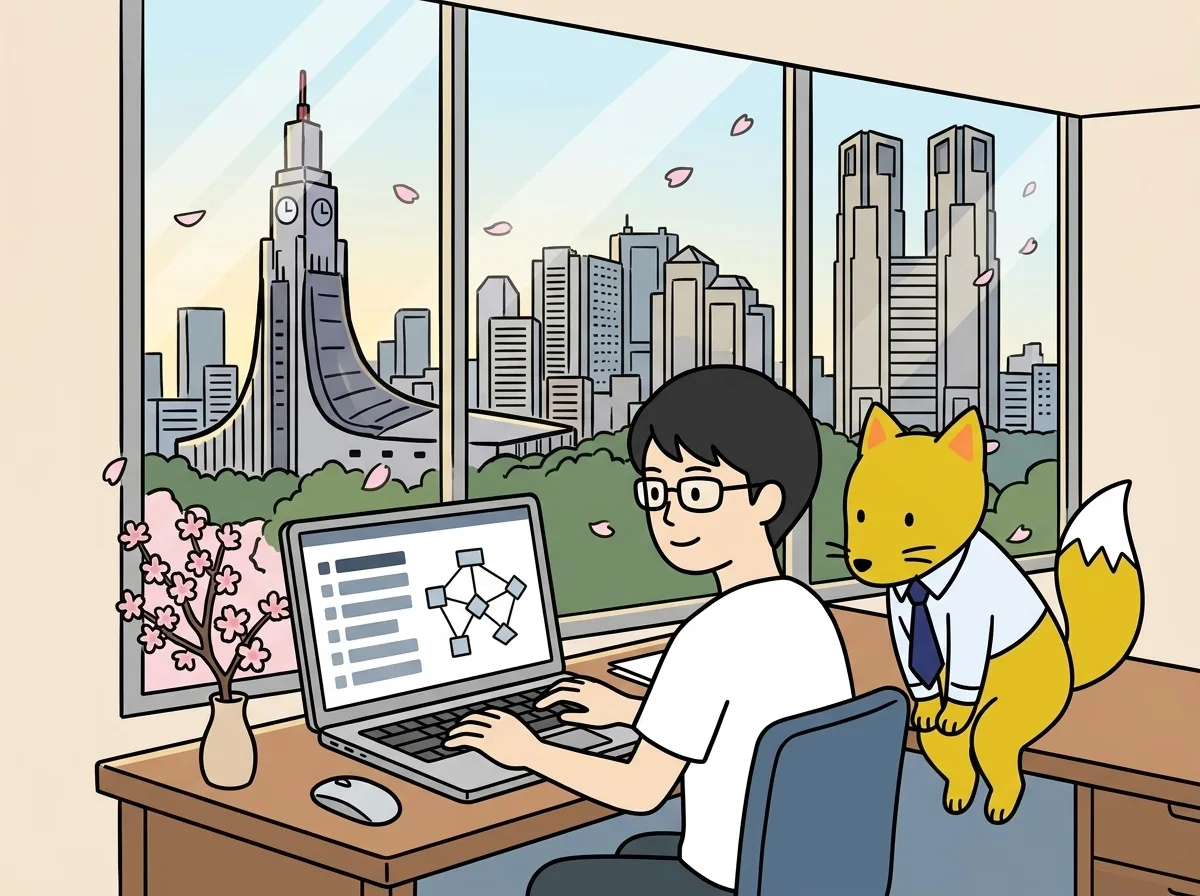AIエンジニア職のイメージイラスト:LLMやRAGを使い、現場の時間を生み出すためのAI機能を地に足つけて実装します。