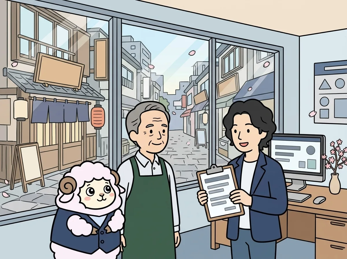 営業職のイメージイラスト:お客様の会社やお店の「ちょっと困った」を聞き、無理のないDXの一歩につなげます。
