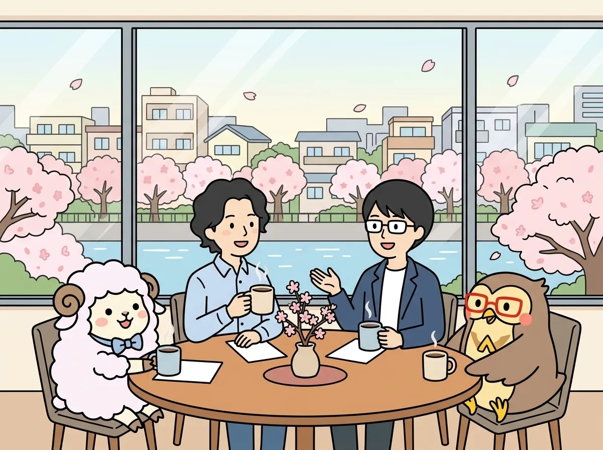 AIと自然に並んで働くゼットリンカーのメンバーのイラスト
