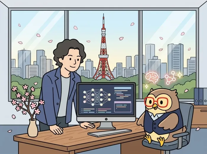 AIソフトウェア開発の様子を表すイラスト：AIエージェント・RAG・業務自動化など、実用的なAIソリューションを提供。AI技術で業務を自動化し、時間を創出します。