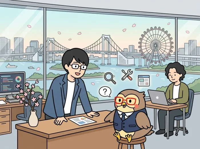 フクロウの相談員がSEO・改修・保守などさまざまな相談を気軽に受け付けている様子を表すイラスト