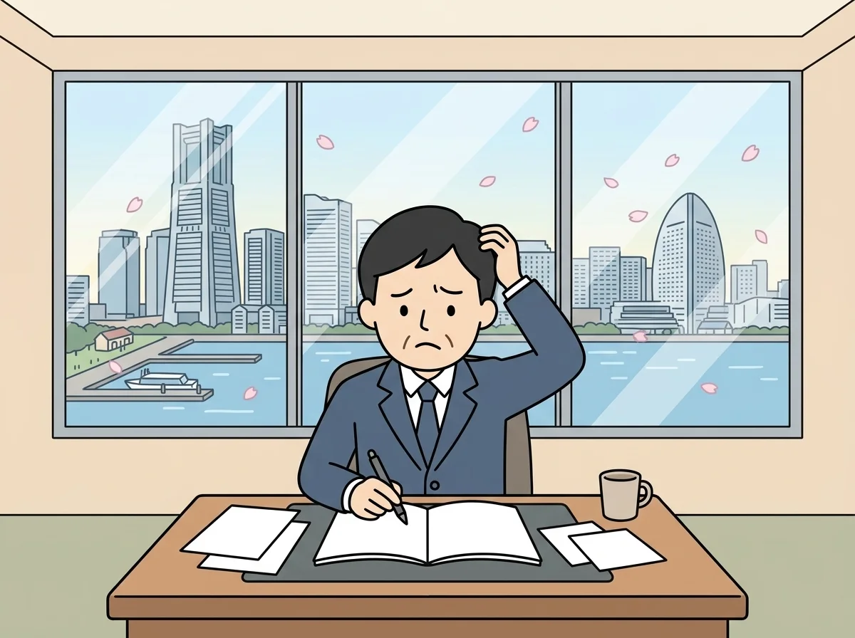 白紙のノートを前にペンを持ったまま困惑した表情で固まっている人物のイラスト