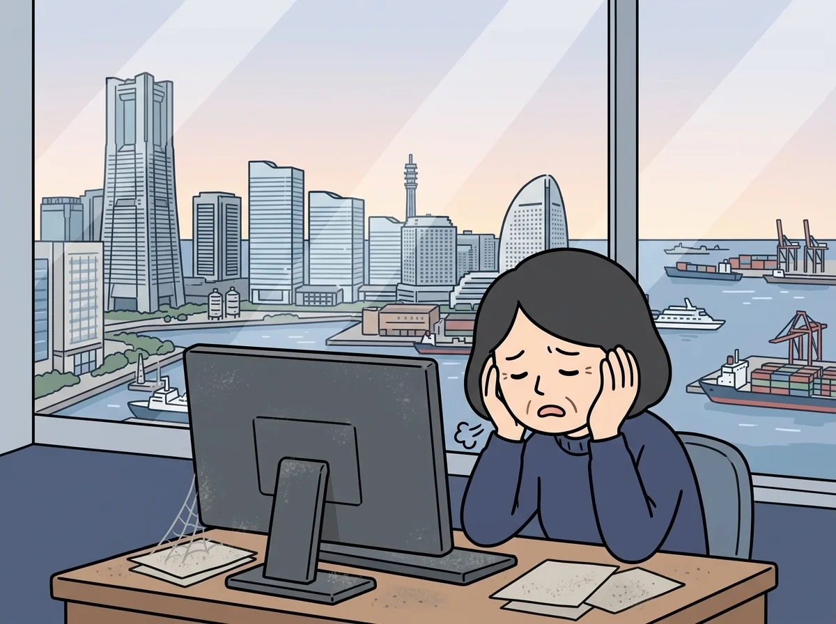 使われなくなった暗いモニター画面を前にがっかりした表情をしている人物のイラスト
