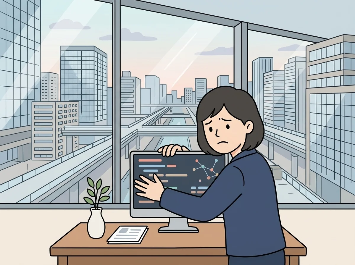 コード画面を手で隠すように覆い不安げな表情をしている人物のイラスト