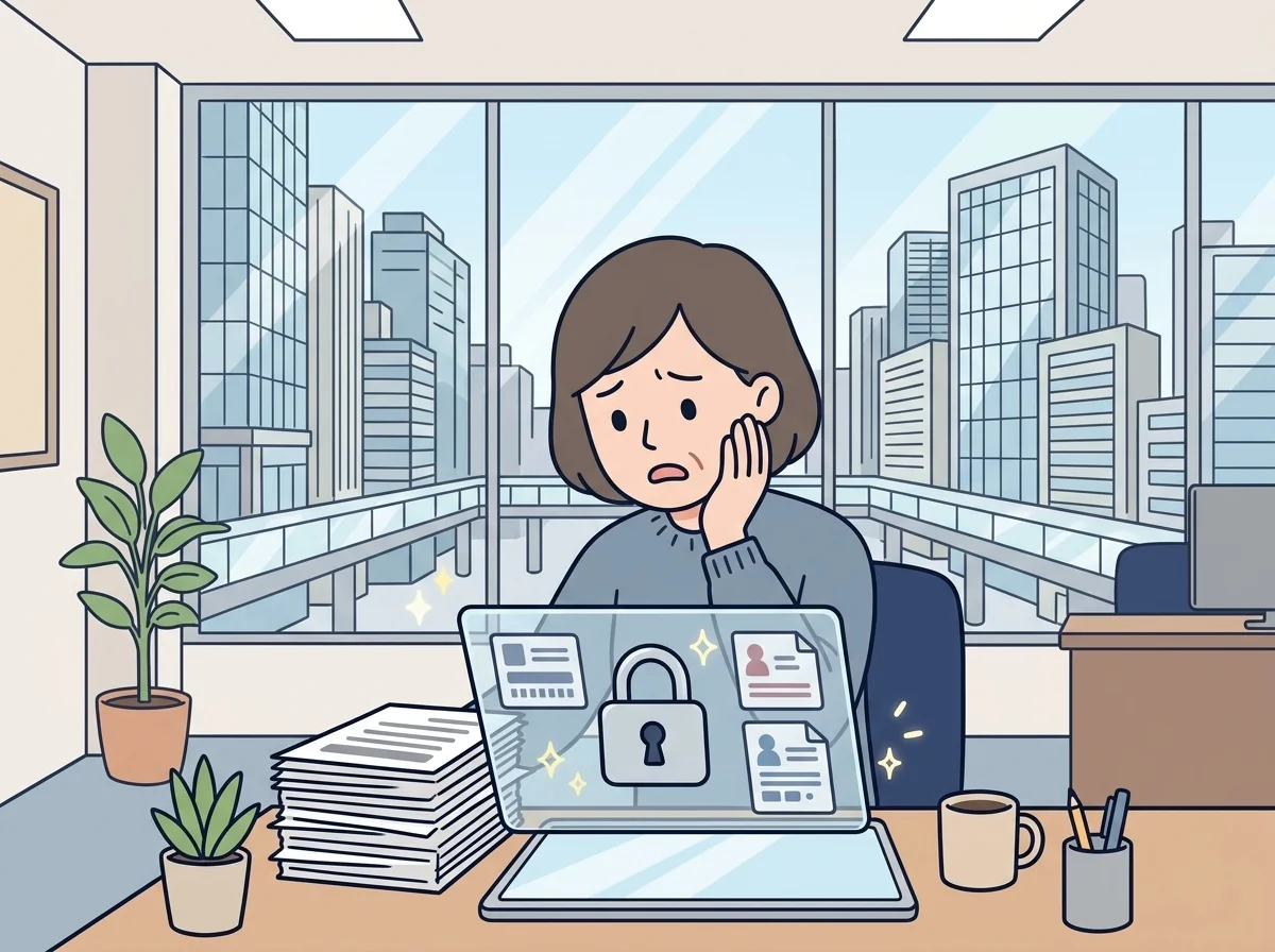 鍵マークと個人情報の書類アイコンを前に判断に迷う表情をしている人物のイラスト
