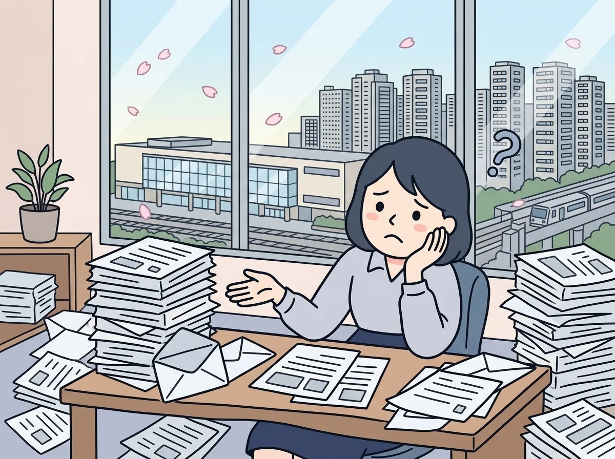 山積みの書類と溢れる封筒に囲まれ疲れ切っている人物のイラスト