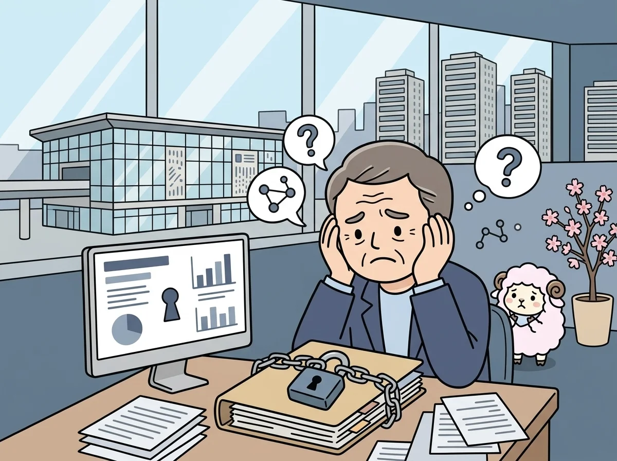 鍵のかかった書類フォルダを前に不安げな表情をしている人物のイラスト