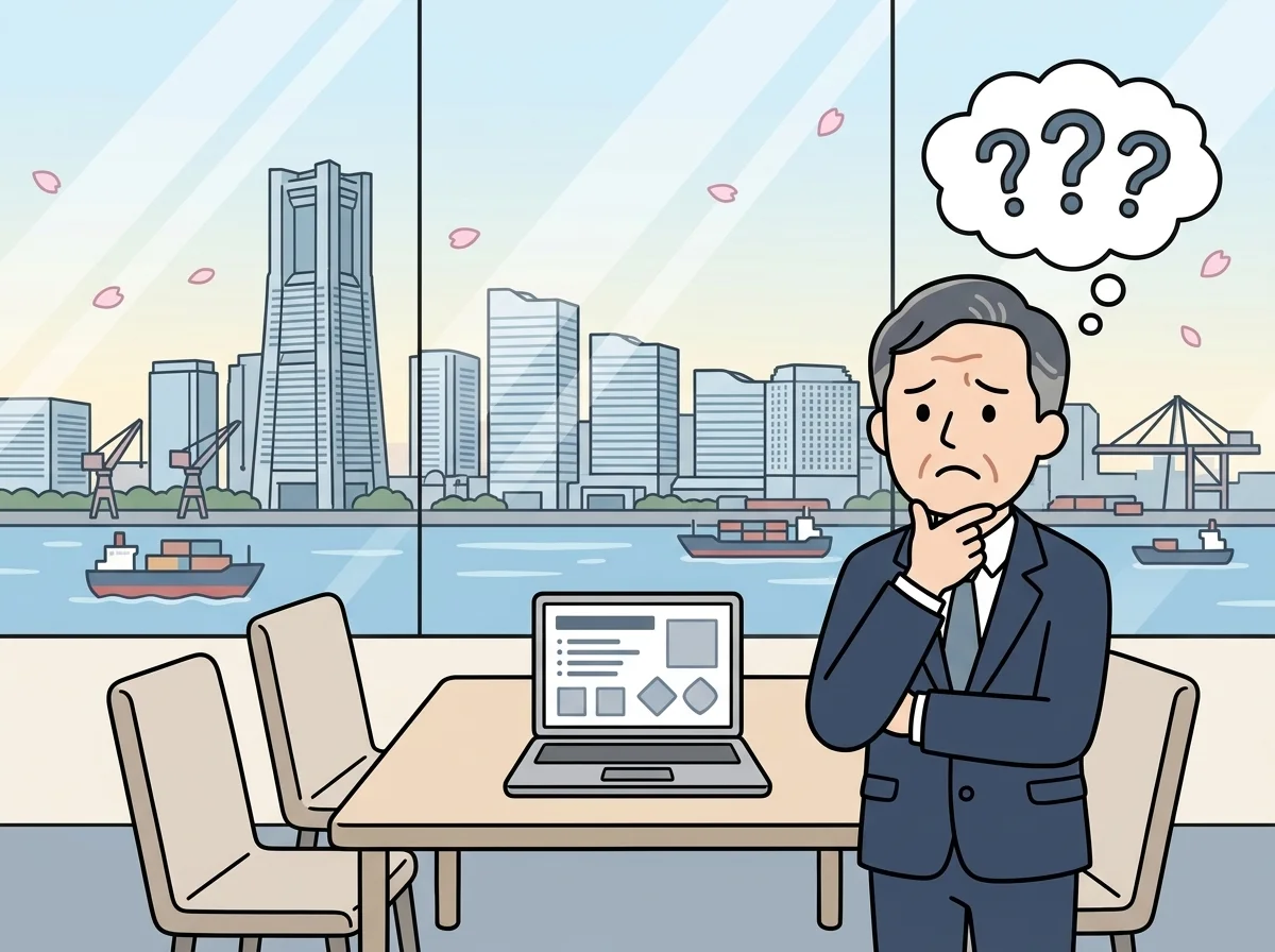 誰も座っていない空の椅子が並ぶ会議室を前に困った表情で立ち尽くしている人物のイラスト