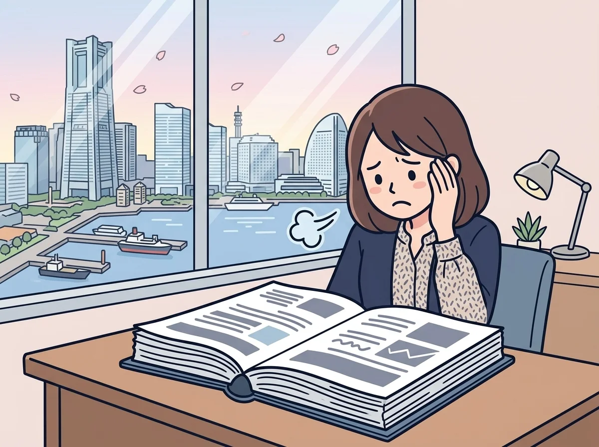 分厚い提案書の束を前に困惑した表情でため息をついている人物のイラスト