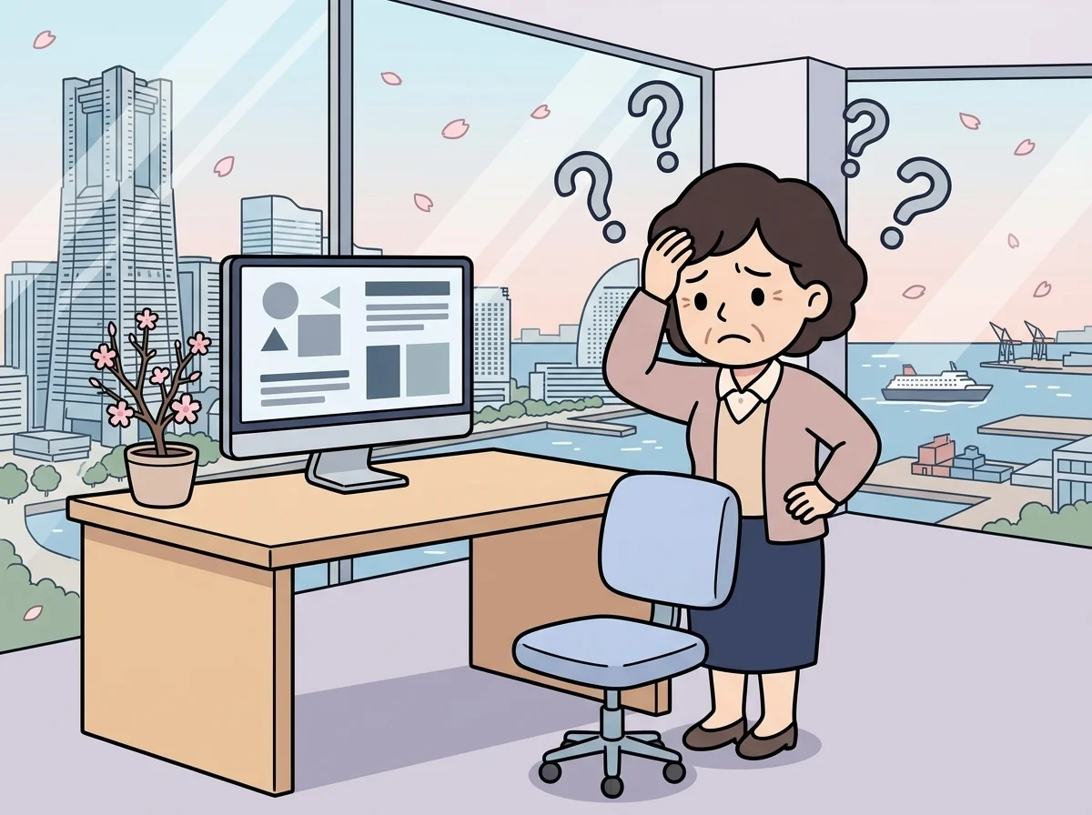 小さすぎる椅子と大きすぎる机を前に困った表情をしている人物のイラスト