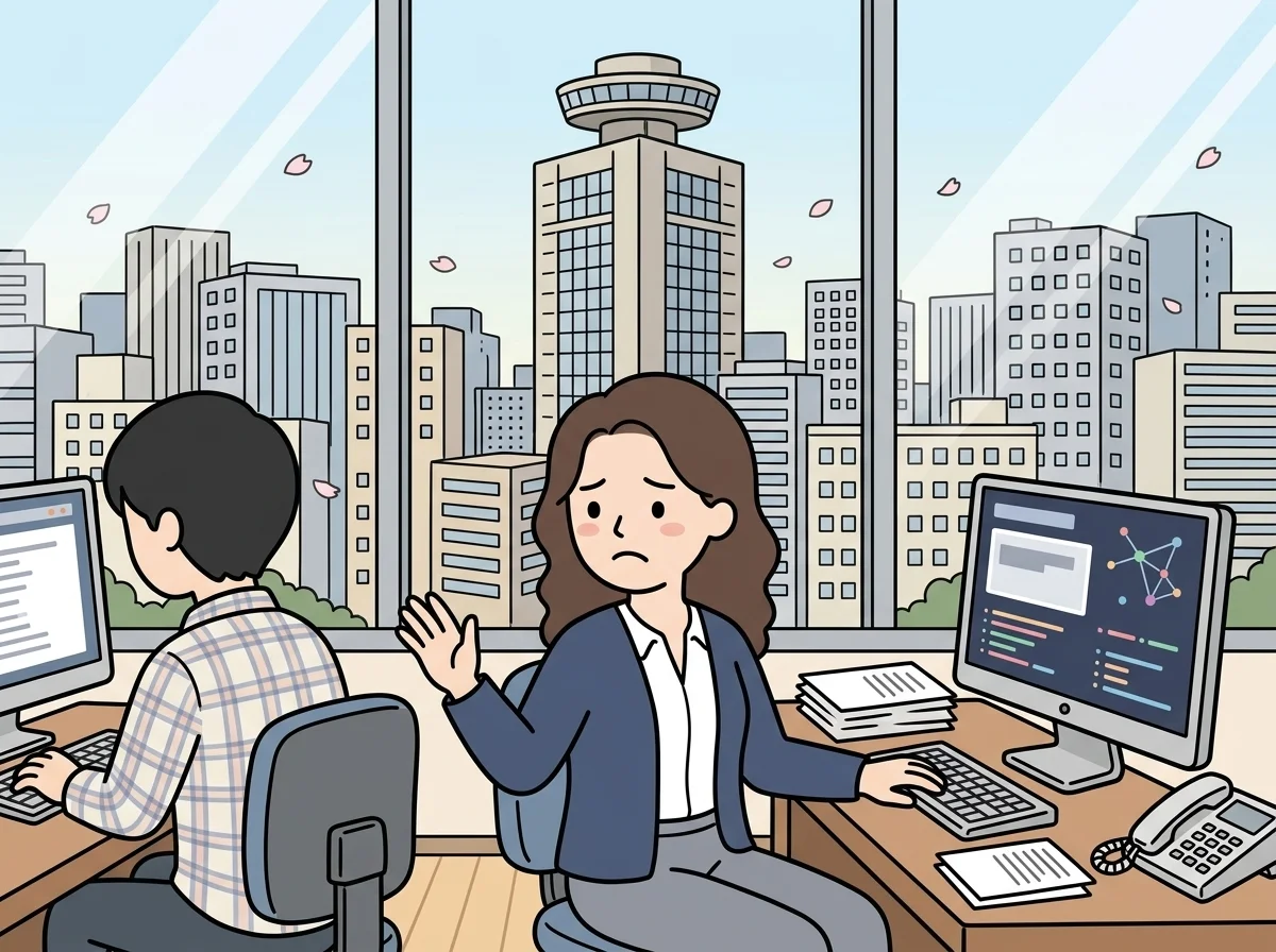 隣のデスクの人に尋ねようと困った表情で振り返っている人物のイラスト