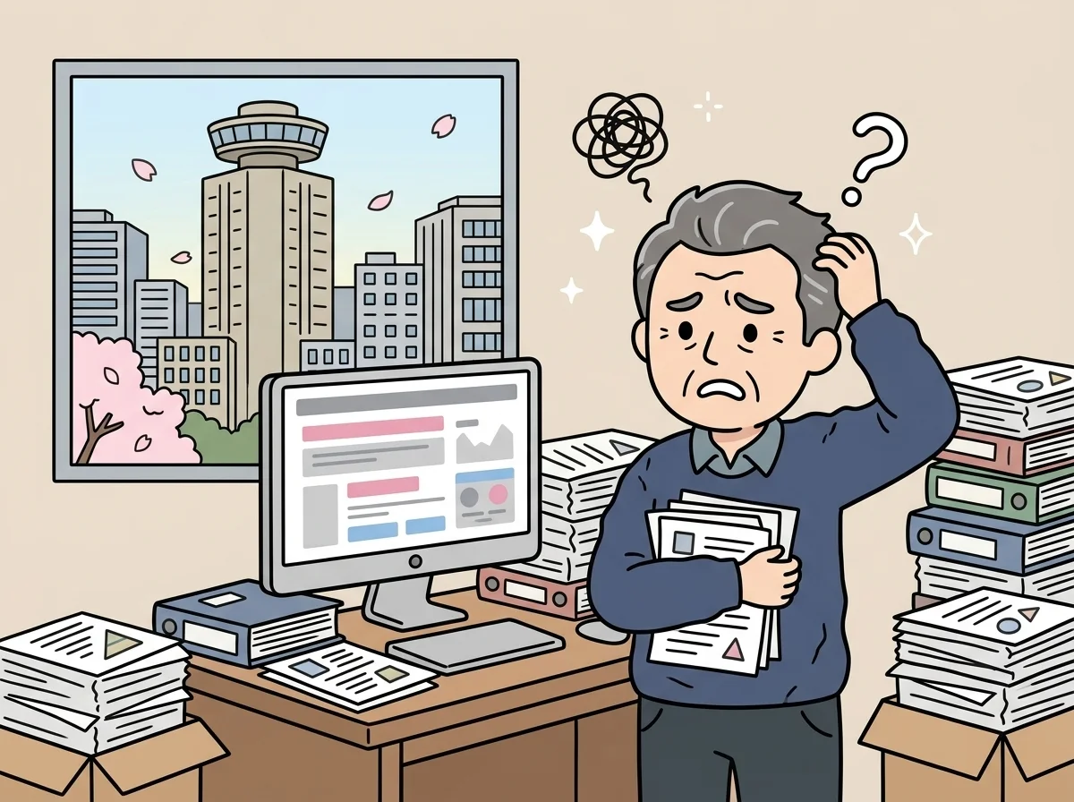 あちこちに散らばった書類やフォルダの山の中で困惑した表情で探し物をしている人物のイラスト
