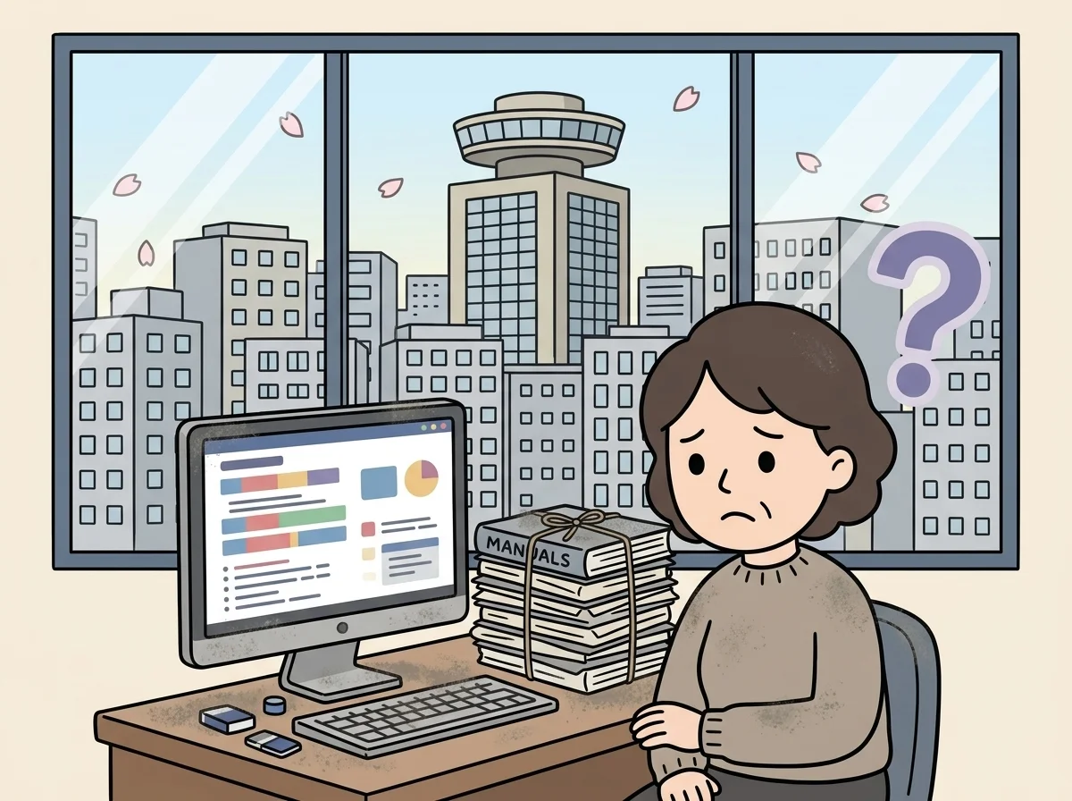 埃をかぶったモニター画面を前に寂しげな表情をしている人物のイラスト