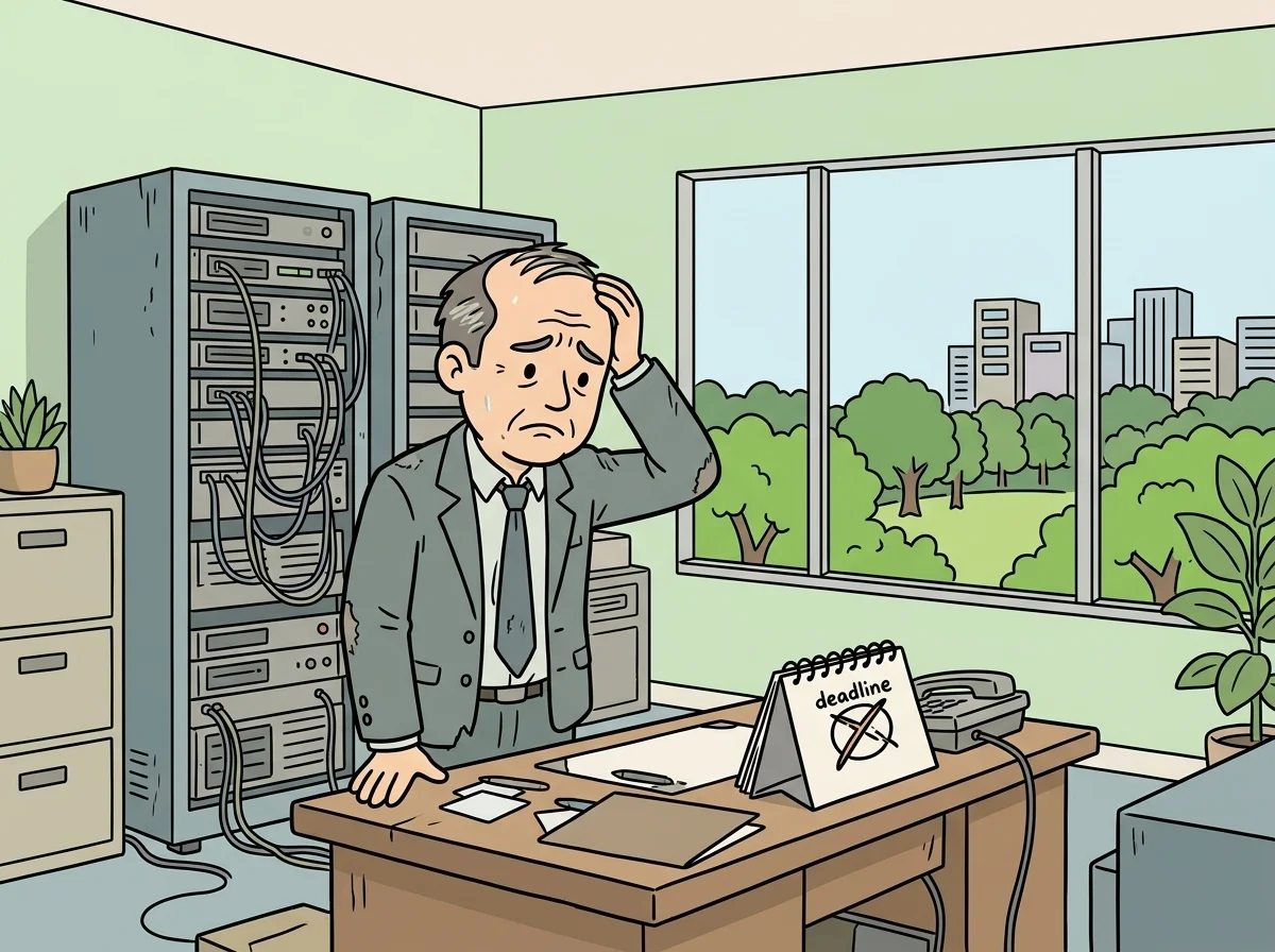 古びたサーバー機器と締切マークを前に焦った表情をしている人物のイラスト