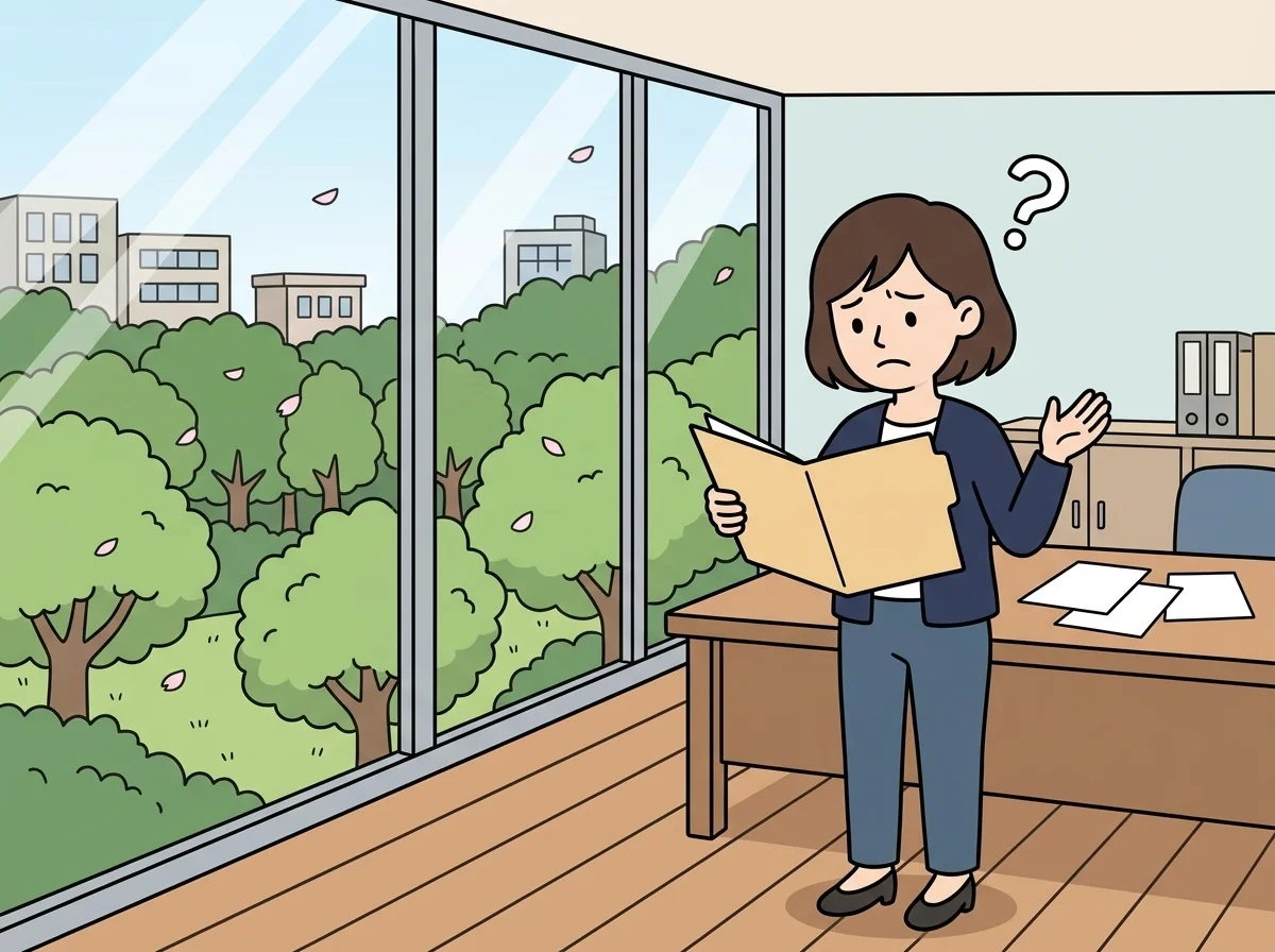 空っぽの書類フォルダを開いて困惑した表情で立ち尽くしている人物のイラスト