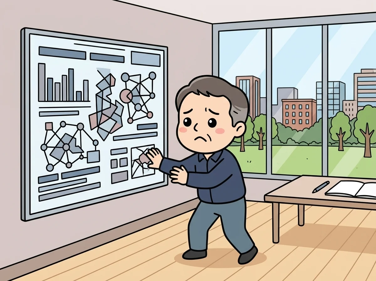 複雑に絡まった配線を前に触れることを躊躇している人物のイラスト