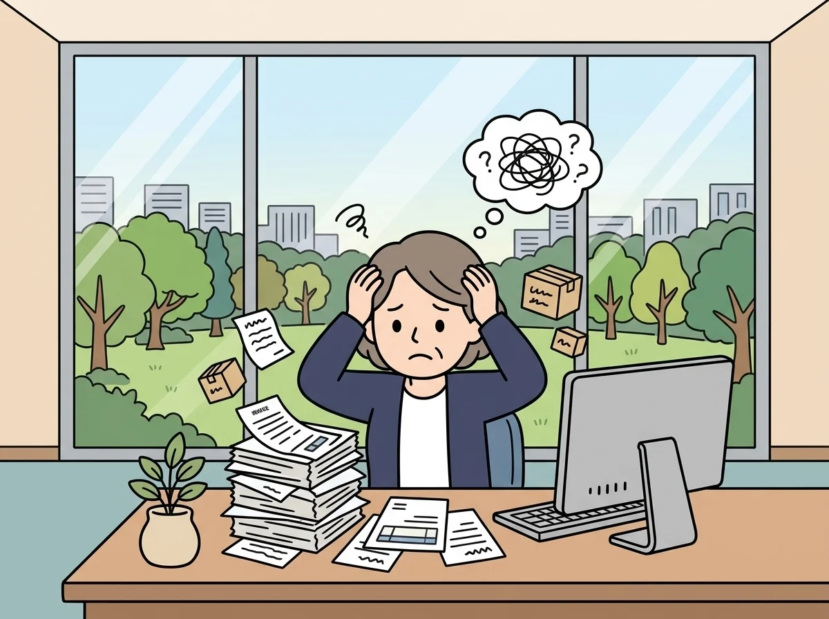 積み上がっていく請求書の束を前に頭を抱えている人物のイラスト