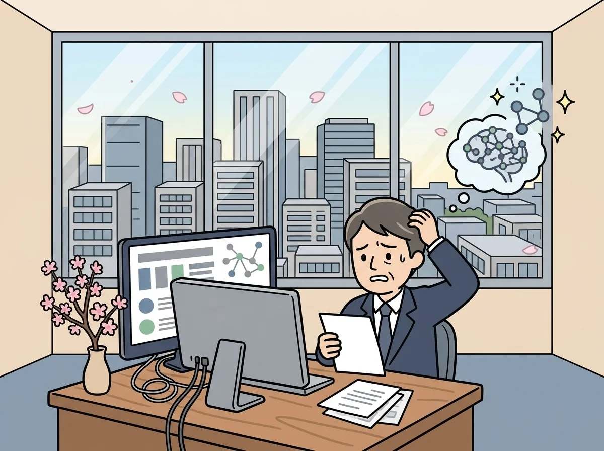 取引先からの依頼書を前に困った表情をしている人物のイラスト