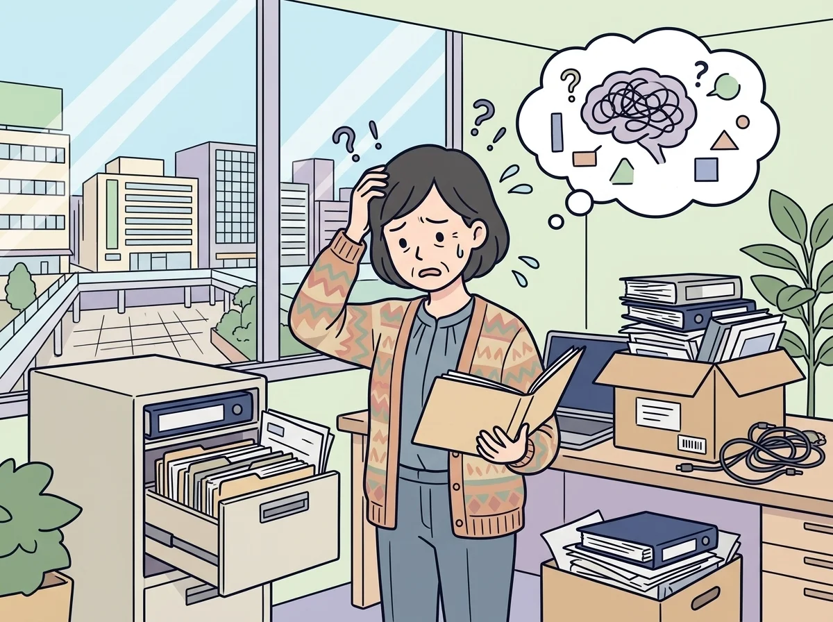 散らかったキャビネットや箱を必死に探し回り困惑した表情をしている人物のイラスト