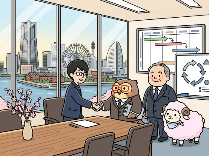 「AI推進を、まるごと任せたい」という課題を解決する外部AI部署のイメージイラスト