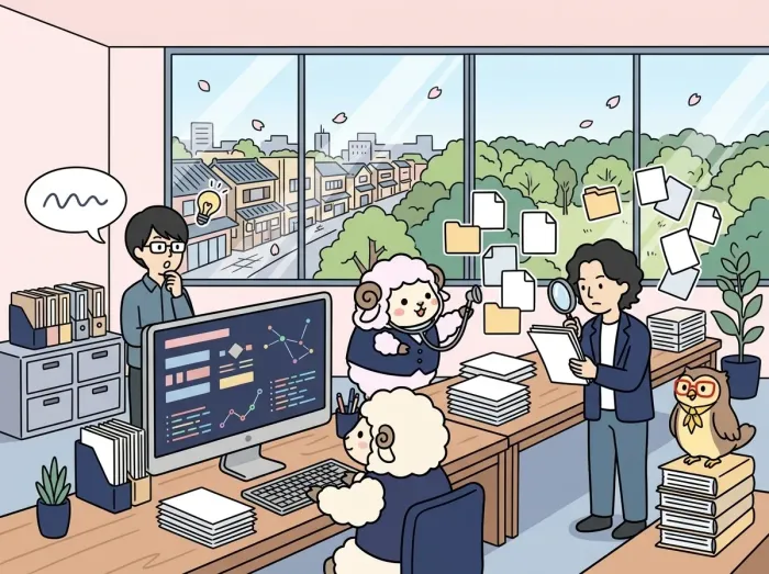 社内ナレッジRAGの精度を診断・改善する様子を表すイラスト